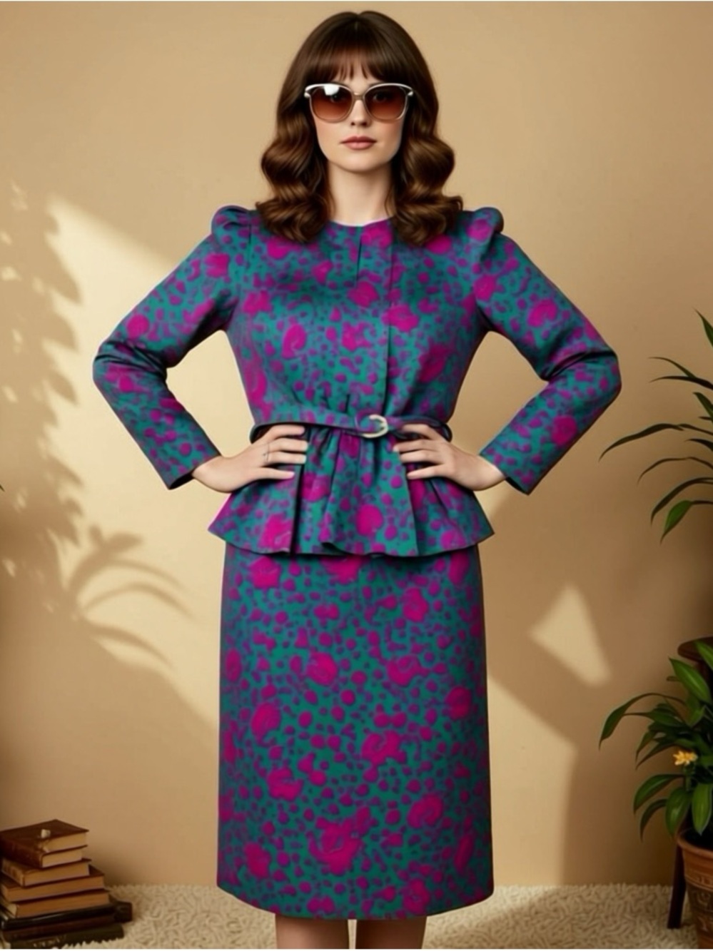 Vintage Florentine 80s Dress Size 10 Green Magenta Pink Peplum Belt Satin